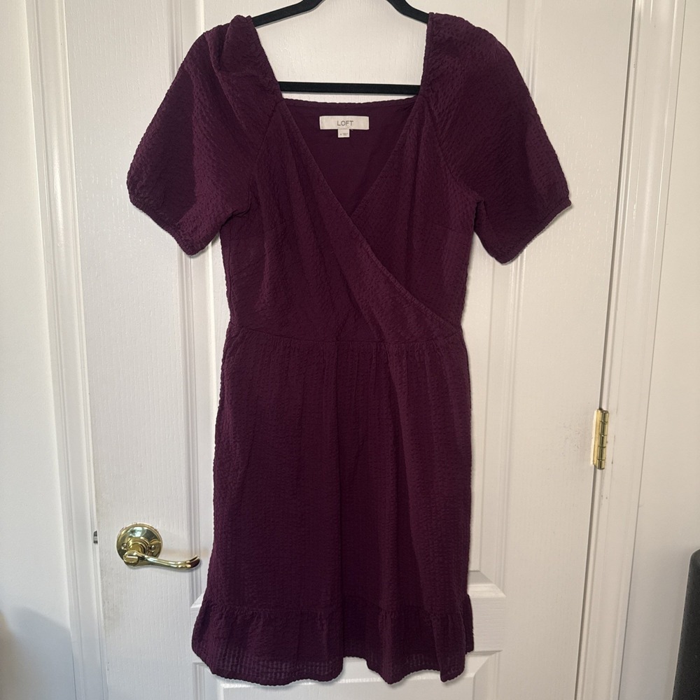 LOFT Plum Textured Puff Sleeve Midi Dress Faux Wrap V-Neck Tiered Fall 4